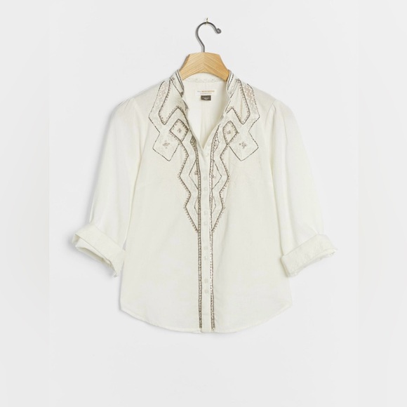 NWT Antthropologie Pilcro Nayeli White Beaded Cotton Linen Buttondown, size M - Picture 2 of 16